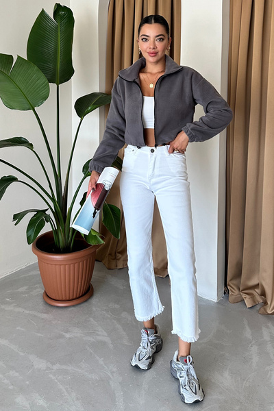 MODAGEN Kadın Fermuarlı Hırka Polar Crop Stoperli