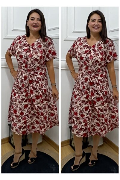 BUTİK MODA H167-Kırmızı çiçek desen kuşaklı gömlek elbise