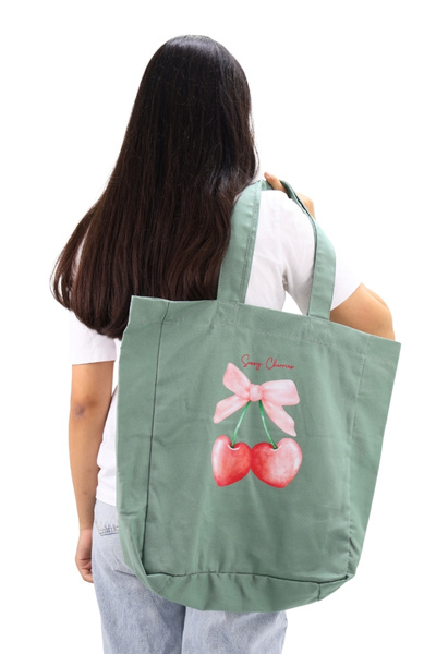 ICONE BAG Green Cherry Printed Large Size Women's Tote Bag - For Hand and Shoulder