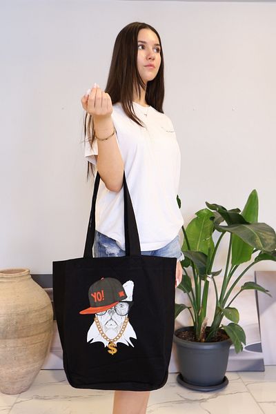 ICONE BAG Geantă din pânză imprimată câine negru cu volum mare - pânză de mână și de umăr