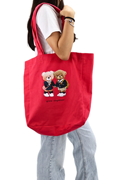 ICONE BAG حقيبة حفاضات نسائية حمراء كبيرة الحجم - مطبوع عليها دبين، لليد والكتف