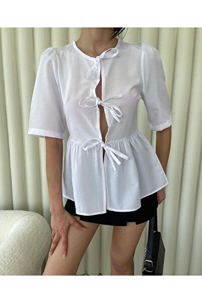 Meros Atelier White Blouse with Tie Front