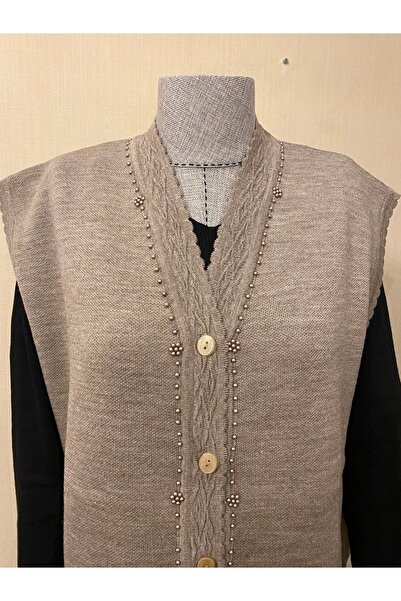 TEK Mink Colored Stylish Patterned Mother Vest with Bead Detail