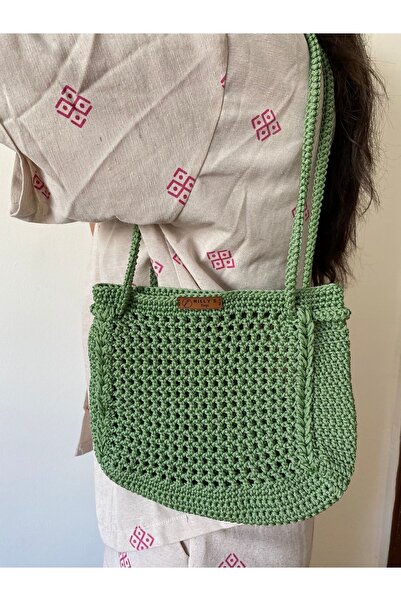 Nillys Kadın Askılı Polyester Makrome Yeşil Örgü Kol Çantası (EN :31 CM/BOY 2...