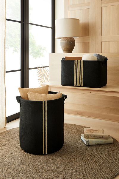 Ocean Home Textile Комплект от 2 черни сгъваеми кошници за съхранение на играчки от юта, гардероб за мръсно пране, детска стая