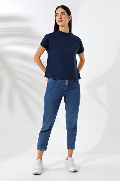 Endies تي شيرت قطني بياقة واقفة باللون الأزرق الداكن - 19588