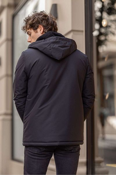 Decas Navy Blue Mega Waterproof Stand Collar Fur Men's Hooded Coat