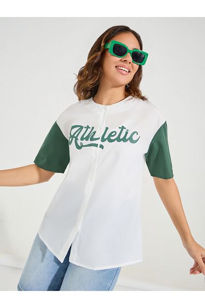 Styli Contrast Sleeve Varsity Print Collarless Shirt