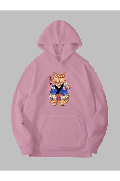 Harmandar Anime Cat Printed Pink Unisex Φούτερ - Hoodie με κουκούλα με τσέπη καγκουρό