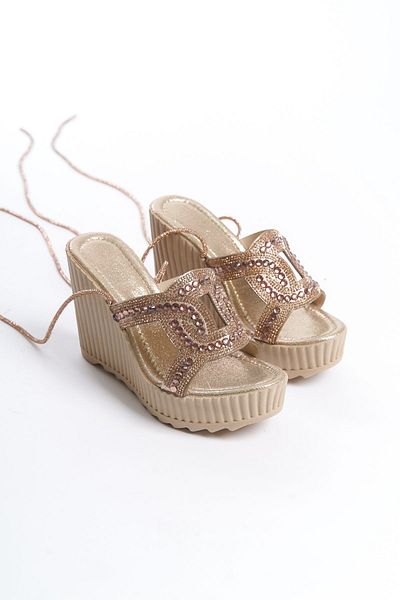POLO PRESTIGE WELWEnn Gold - Women's Wedge Heel Shoes, Stone Coated DeTail
