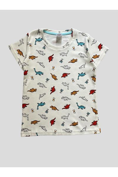 Fil Kids Set de pijamale de vară cu mânecă scurtă cu imprimeu alb de dinozaur pentru băiat