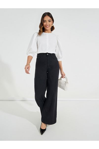 Styli Solid Button Down Blouse with Balloon Sleeves