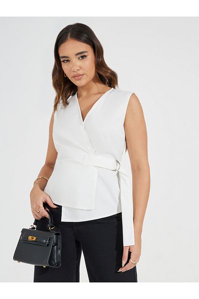 Styli Sleeveless Wrap Top with Buckle Detail