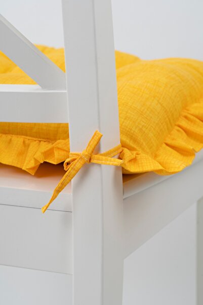 ALTINPAMUK Fancy Fırfırlı Pofidik Sarı Sandalye Minderi Bağcıklı 42x42cm