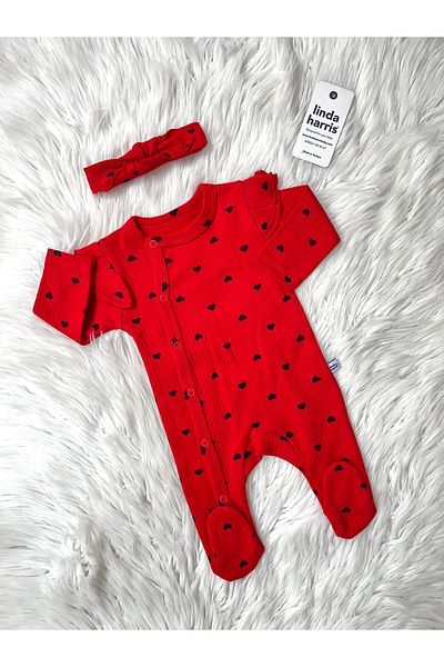 Linda Harris Red-Black Heart Pattern Bandanna Jumpsuit