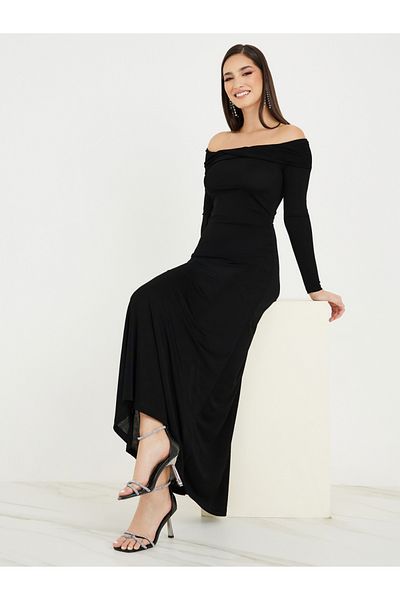 Styli Off Shoulder Soft Shiny A-Line Maxi Dress