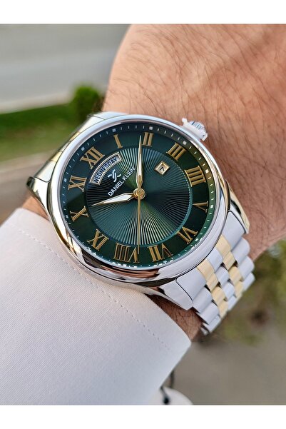 Daniel Klein Kadranı Yeşil Kordonu Sarı Gri Renk Takvimli Ayarlanabilir Kordonlu Erkek Kol Saati