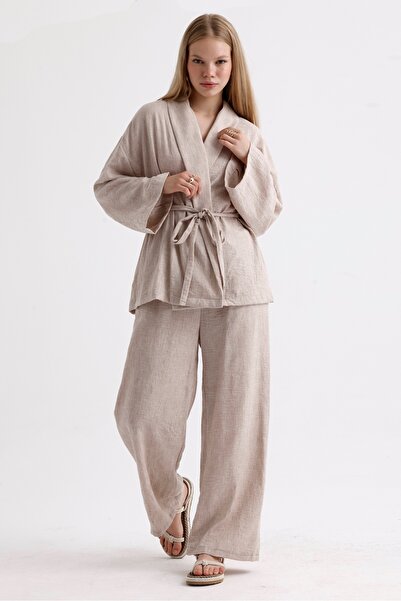 MD trend Linen Suit - Spanish Sleeve, Belted Jacket and Lace-up Palazzo Trousers