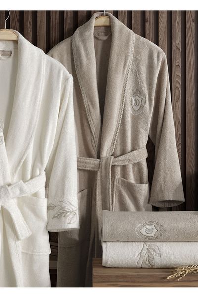 Dantela 6 Piece Bunch Bamboo Family Bathrobe Set - Cream/Brown