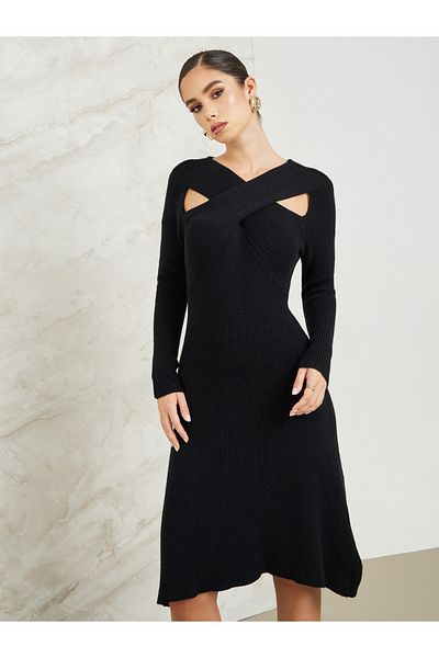 Styli Cross-Over V Neck Knitted Sweater Dress