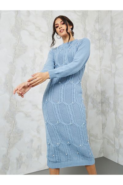 Styli Chunky Cable Knit Embellished Sweater Midi Dress