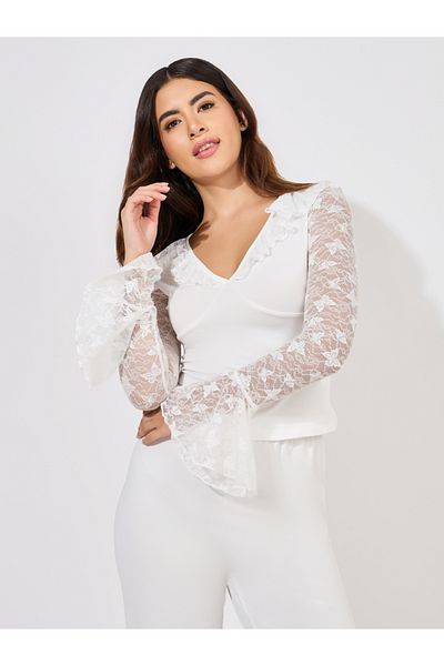 Styli Butterfly Lace Ruffle Neck Top & Pyjama Set
