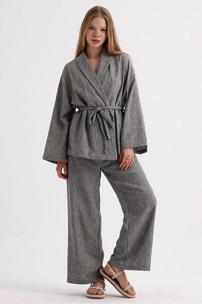 MD trend Linen Suit - Spanish Sleeve, Belted Jacket and Lace-up Palazzo Trousers