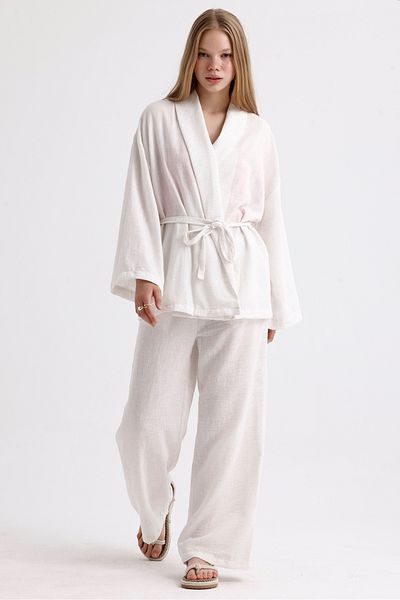 MD trend Linen Suit - Spanish Sleeve, Belted Jacket and Lace-up Palazzo Trousers