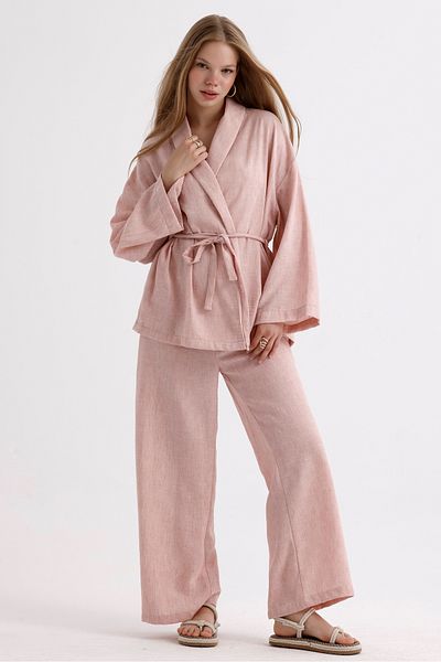 MD trend Linen Suit - Spanish Sleeve, Belted Jacket and Lace-up Palazzo Trousers