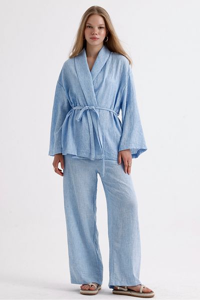 MD trend Linen Suit - Spanish Sleeve, Belted Jacket and Lace-up Palazzo Trousers