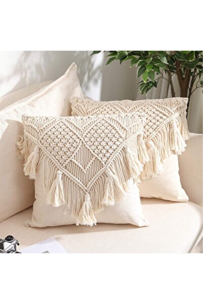 MACROMEV Püskül Detaylı Makrome Dekoratif Yastık Kırlent Kılıfı 2'li 40x40 cm