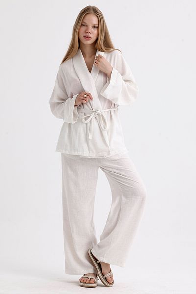 MD trend Linen Suit - Spanish Sleeve, Belted Jacket and Lace-up Palazzo Trousers
