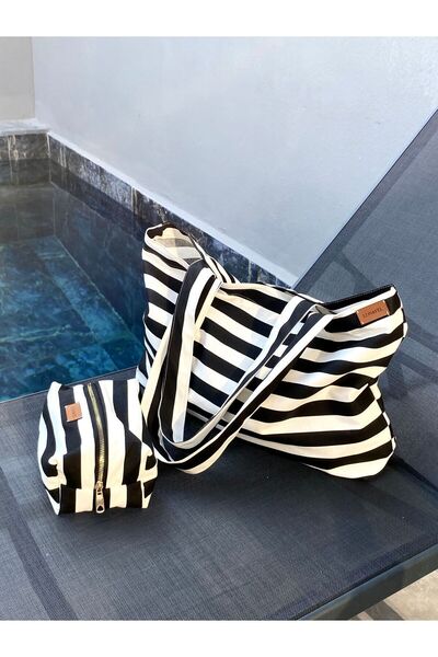 LUNAFEL Black and White Striped Tote Bag and Toiletry Bag (Pack of 2)