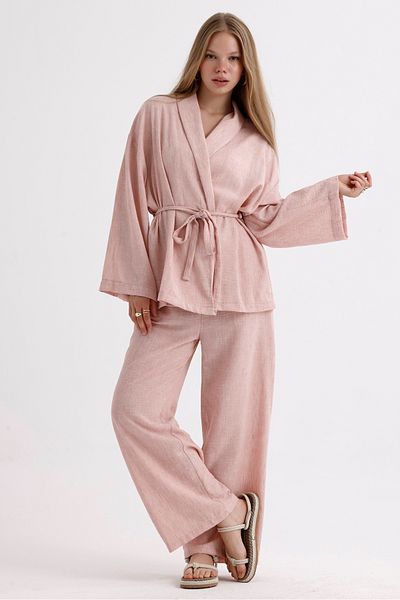 MD trend Linen Suit - Spanish Sleeve, Belted Jacket and Lace-up Palazzo Trousers
