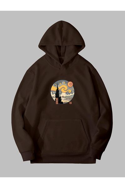 Harmandar Starry Night Printed - Unisex Καφέ φούτερ με κουκούλα Hoodie, Kangaroo Pocket