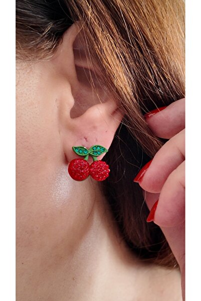 Selen Aksesuar Brass Zircon Stone Red Earrings