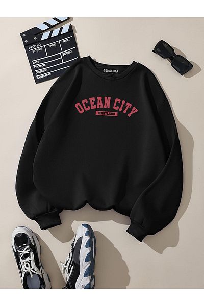 BENROMA Унисекс суитшърт Ocean City с голям размер - с щампа и кръгло деколте