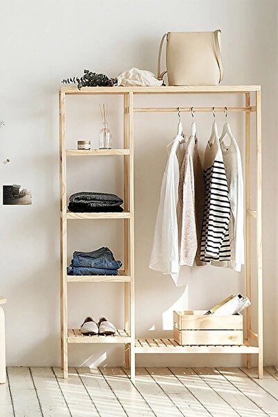 HNC HOME Ahşap Ayaklı Askı Elbise Askısı Çok Amaçlı Dolap Gardrop 96x144x30 Cm, Açık Ahşap Gardrop