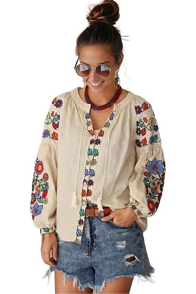 Cassime Ethnic Floral Κεντημένη Κρέμα Γυναικεία Μακρυμάνικη Μπλούζα