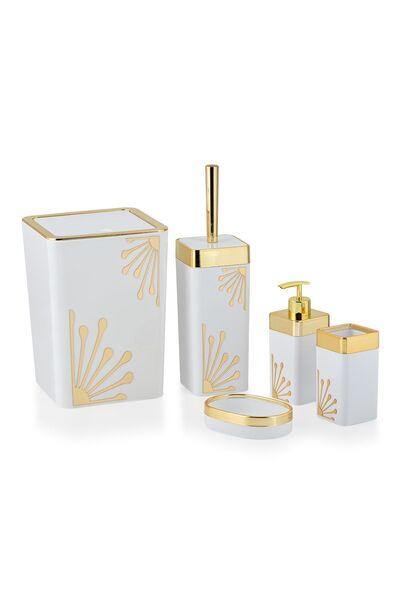Trend Banyo Mutfak Beyaz 5 Parça Prestij Kare Gold Banyo Seti 5 Parça Akrilik