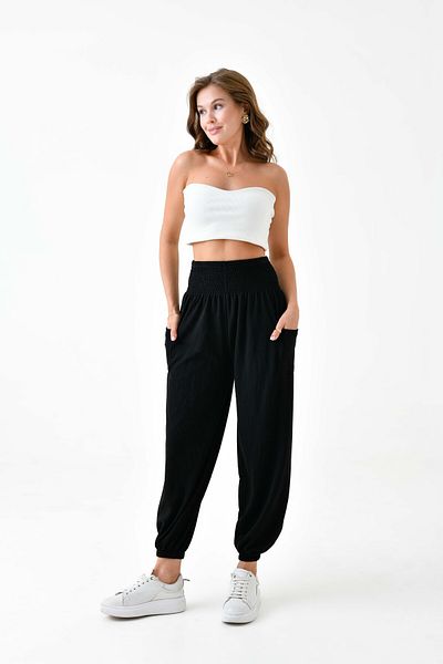 ubmbutik High Waist and Elastic Leg Women's Baggy Trousers - Corded Black Butcher Pocket