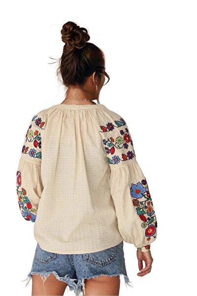 Cassime Ethnic Floral Κεντημένη Κρέμα Γυναικεία Μακρυμάνικη Μπλούζα