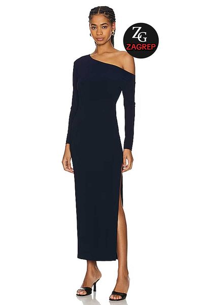 Zagrep Navy Blue One Shoulder Maxi Dress - Slit, Shoulder Detail and Lining