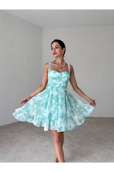 popibutik Green Chiffon Mini Dress - Pleated Skirt with Glopes and Thick Straps