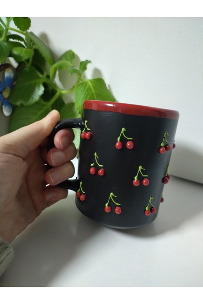 Ayyıldız Tasarım Toprak Siyah-kırmızı Kiraz Kabartmalı 350ml Double Kahve Kup...
