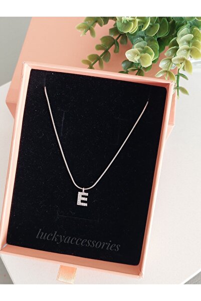 LUCKY ACCESSORIES Çelik Silver Rodyum Kaplama Zirkon Harf E Harfi