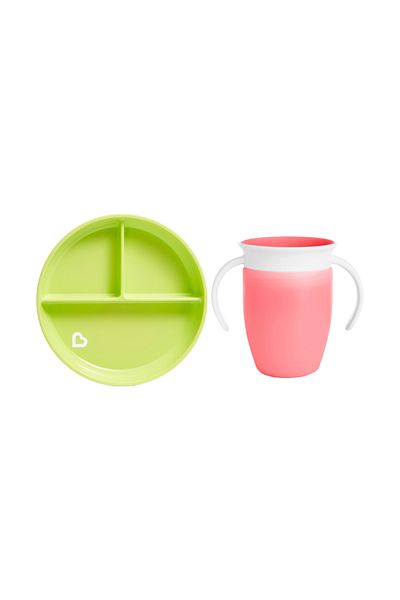 Munchkin 360 Training Cup - Fixed Vacuum Feeding Plate, Green & Pink 2 Pack