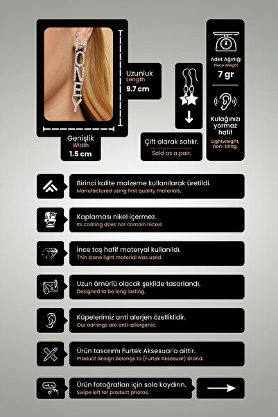 Furtek Aksesuar Kadın Honey Zirkon Taşlı Harf Modeli Gümüş Pırlanta Abiye Elbise Düğün Kına Söz Parti Balo Küpe