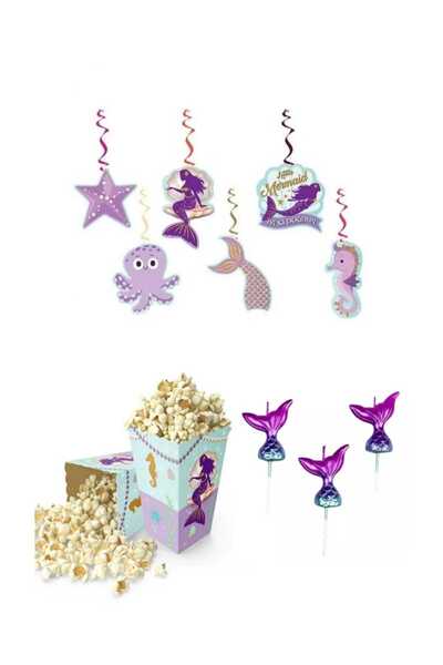 PARTİ AŞKI Deniz Kızı 3'lü Set & 6 Adet Tavan Sarkıt Süs - 16 Adet Mısır Popc...