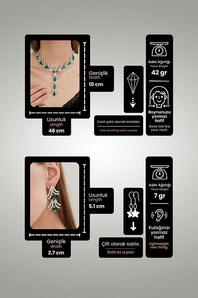 Furtek Aksesuar Women's Fiona Crystal Emerald Stone Waterway Necklace Earring Set Model Silver Evening Dress Wedding Jewelry Set
